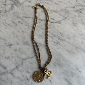 CHANEL Gold Double Charm Pendant Necklace